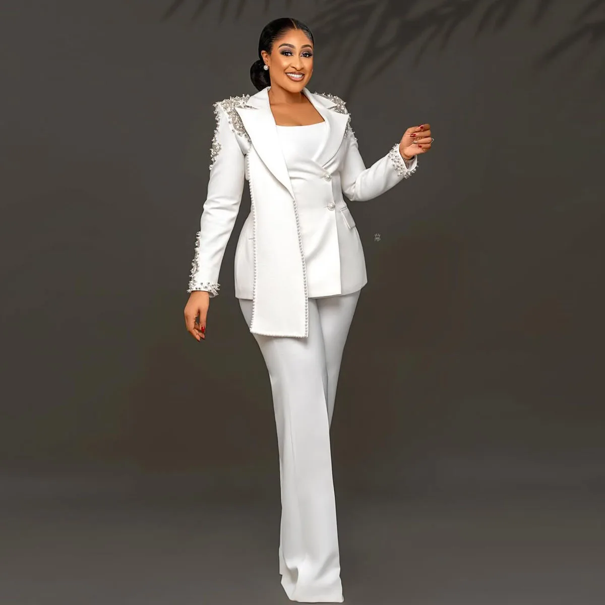 Diamond Simple Beads 2 Piece Set Customized Women Suits Notched Lapel Single Breasted Plus Size African Women One Button Blazer