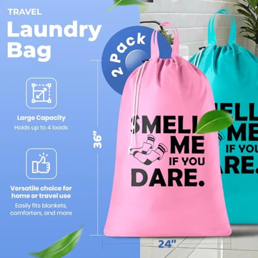 Extra Large Travel Laundry Bag - 2-Pack Fun Print Design Bags for Dirty Clothes - Durable Water-Resistant Fabric - Sturdy Draws