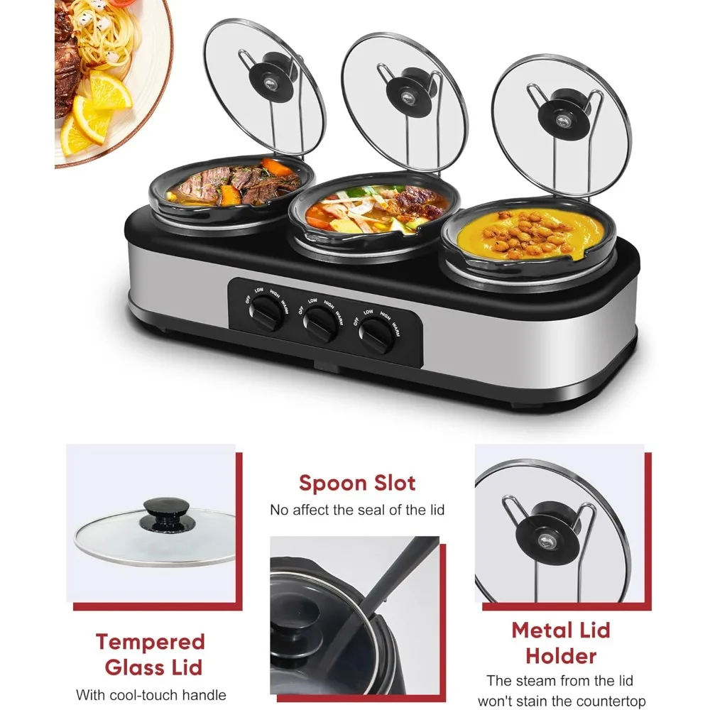 Triple Slow Cooker dengan sandaran tutup, server Prasmanan sarapan dan penghangat dengan 3X1,5 QT, tutup kaca Tempered