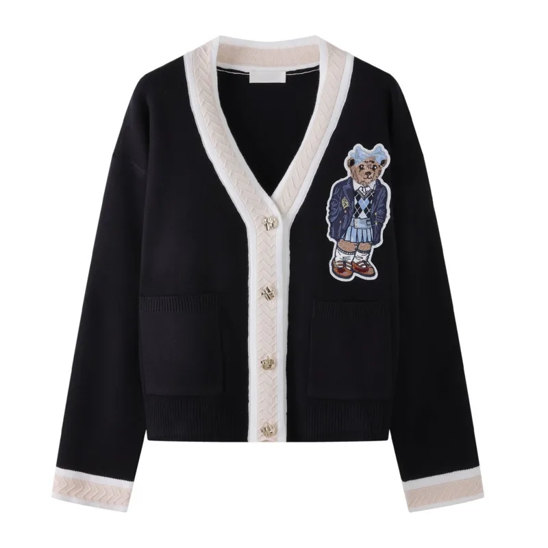 عالية الجودة ضوء الفاخرة الفرنسية الدب المطرزة سترة مشغولة من الصوف للنساء موضة جديدة عادية فضفاض سترة معاطف تسحب فام