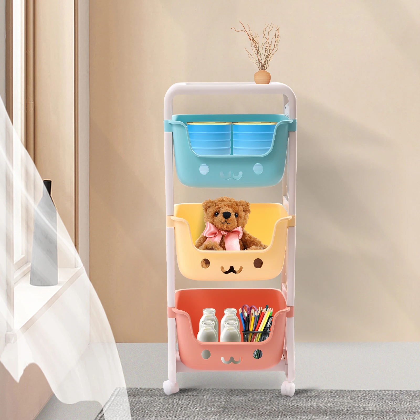 

Kids Toy Storage Organizer 3-Tier Rolling Cart Children Playroom Decor Doll Activity Rack Shelf Plastic Bins Box with Wheels