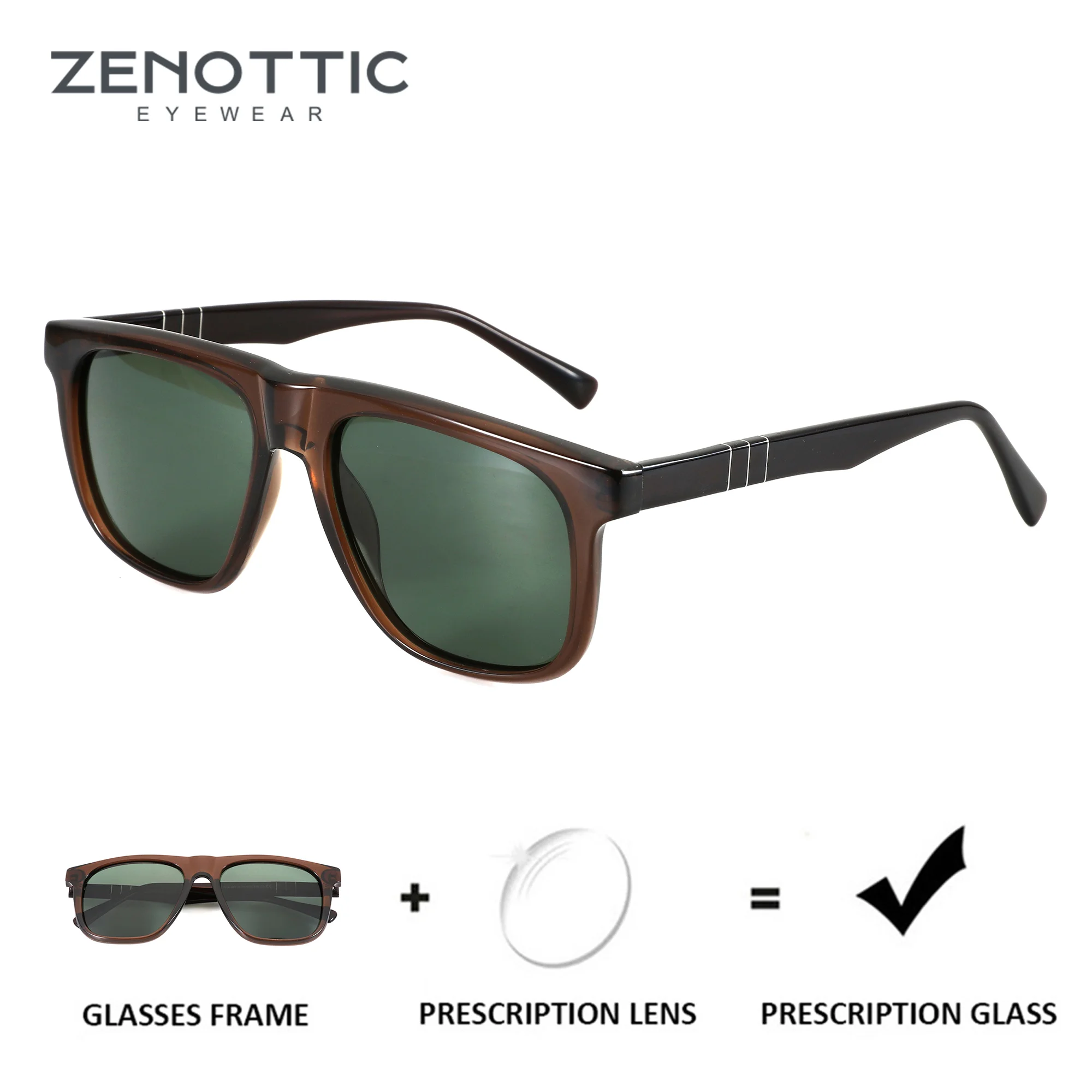 ZENOTTIC M Size Acetate Square Polarized Myopia Prescription Sunglasses UV400 Correction Optical Men's Sun Glasses