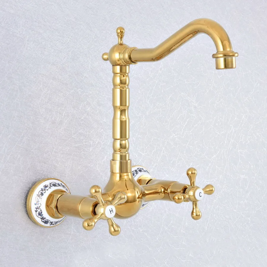 

Golden Brass Dual Handle Double Hole Faucet Wall Mounted Swivel Kitchen Bathroom Sink Cold And Hot Water Mixer Tap 2sf620