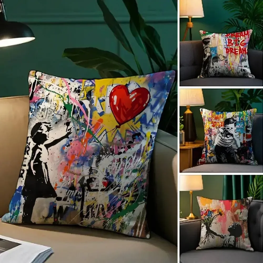 B-Banksy G-Graffiti Art Double-sided Printed pillow cover Short plush Suitable living rooms bedrooms sofas throw cushion cover