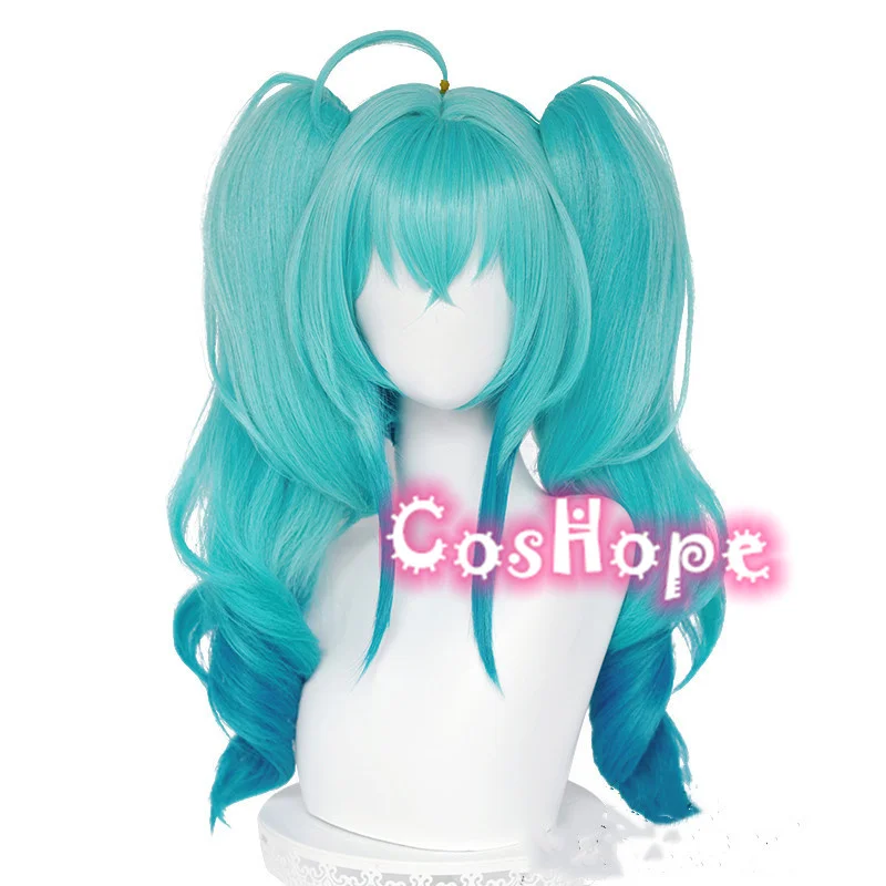 Miku Little Devil Cosplay Wigs Clip On 55cm Long Blue Gradient Curly Ponytails Cosplay Wig Synthetic Hair Wig For Halloween