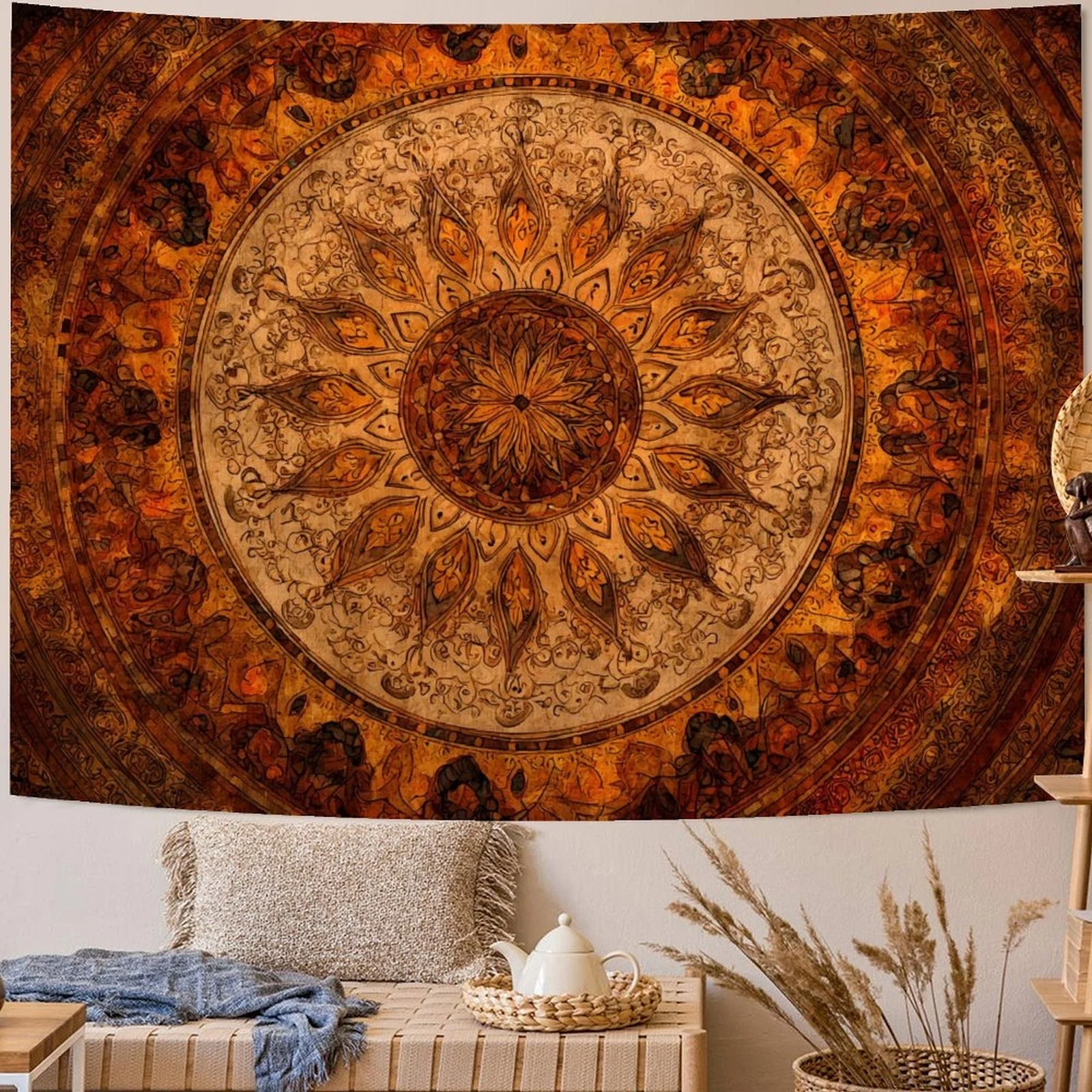 Boho Mandala Tapestry Wall Hanging Hippie Bohemian Floral Medallion Indian Tapestry Aesthetic Wall Art Small Vintage Orange Brow