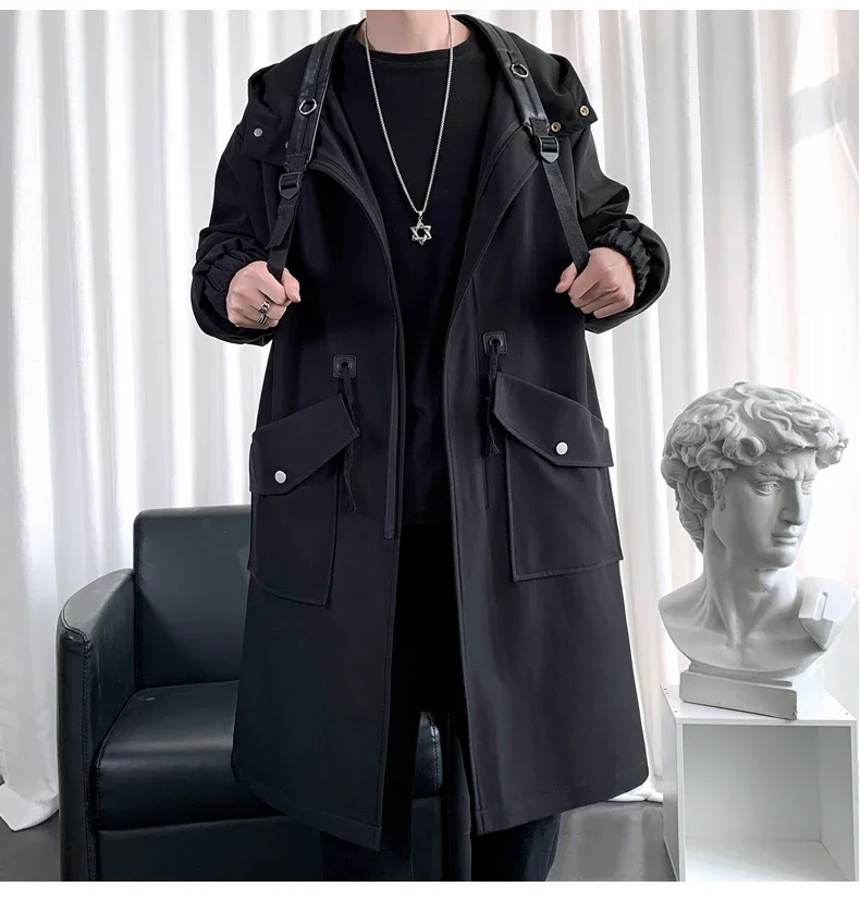 Trenchcoat Herren Neue Mode Armeegrüner Überzieher Männer Casual Windbreaker Einfarbiger Langer Mantel Herren Herbst Homme Schwarz/Khaki/Armeegrün – Detail 5