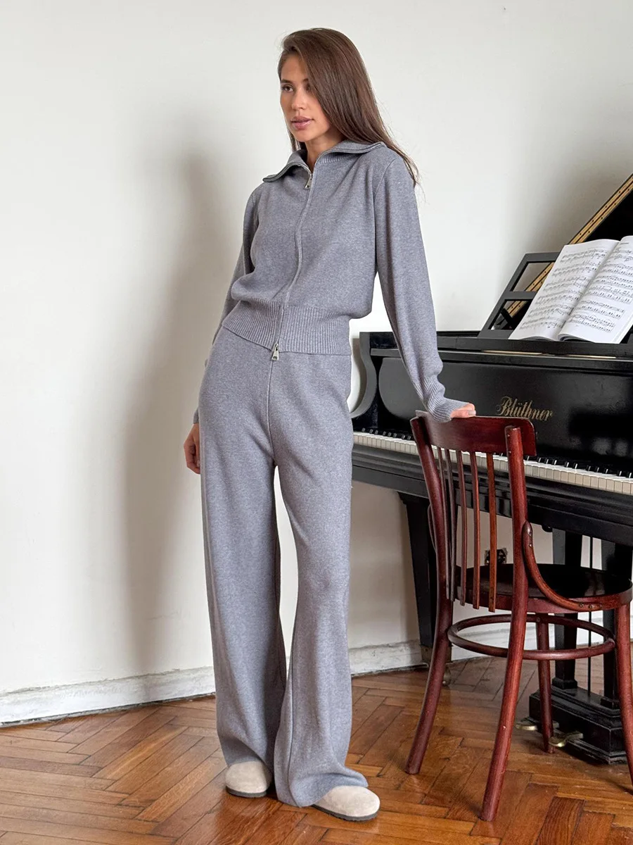 2025 Autumn Winter Knitted Two Piece Set Female Long Sleeve Zipper Sweater Cardigan Casual Trousers Knit Outfits Lady
