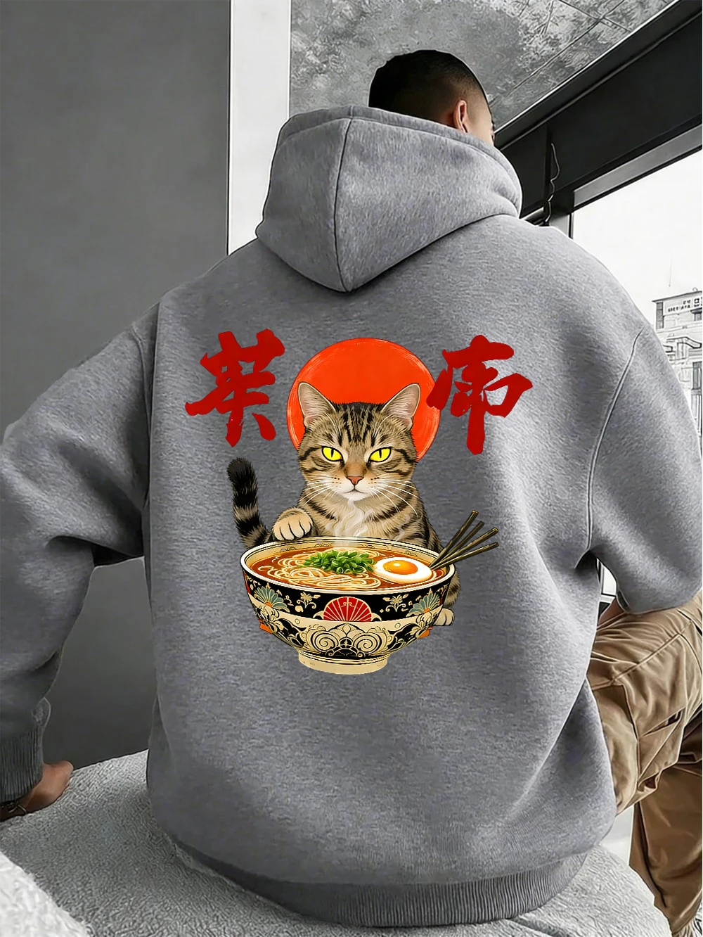 

Cat That Likes To Eat Noodles Prints Mens Sweatshirts Winter Pocket Hoodies Fleece Warm Oversize Sportswears Korean Male Clothes