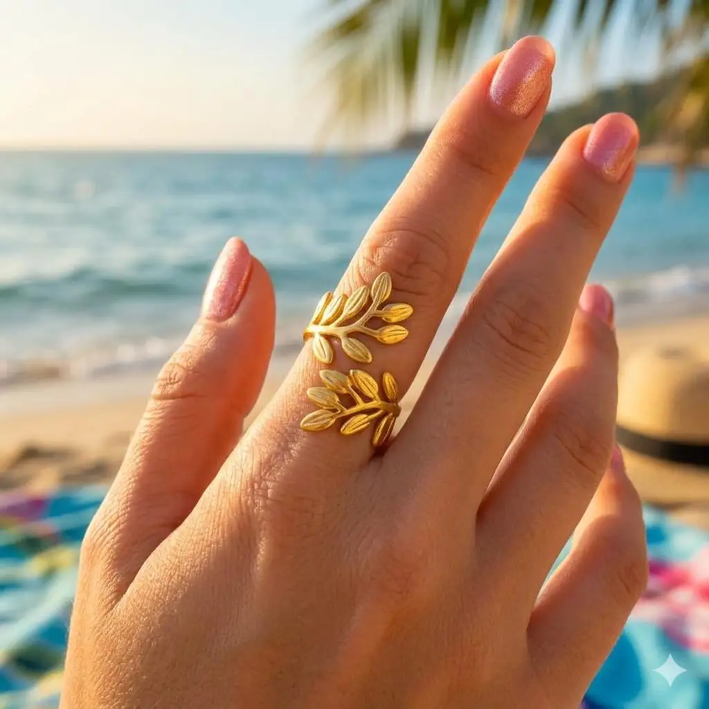 Stainless Steel Adjustable Open Leaf Ring for Women, Olive Branch Wheat Branch CZ Crystal Stackable Statement Jewelry