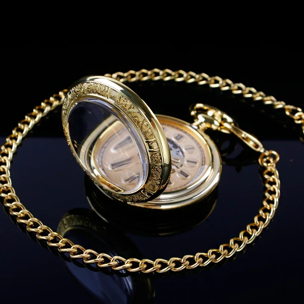 Luxury Gold โปร่งใสโรมันนาฬิกาดิจิตอล Vintage Hollow Out Case Skeleton Mens Mechanical นาฬิกาพ็อกเก็ต