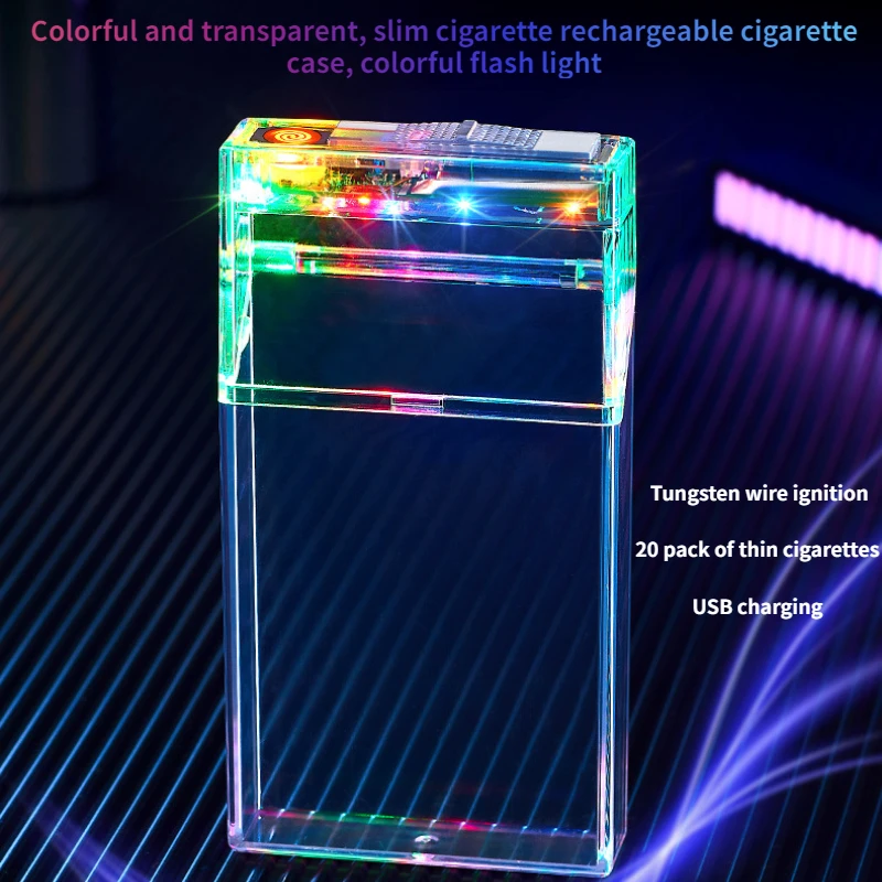 Multifunctional Colorful Light Transparent Cigarette Box Tungsten Wire Ignition Lighter 20 Coarse Cigarette USB Charging Lighter