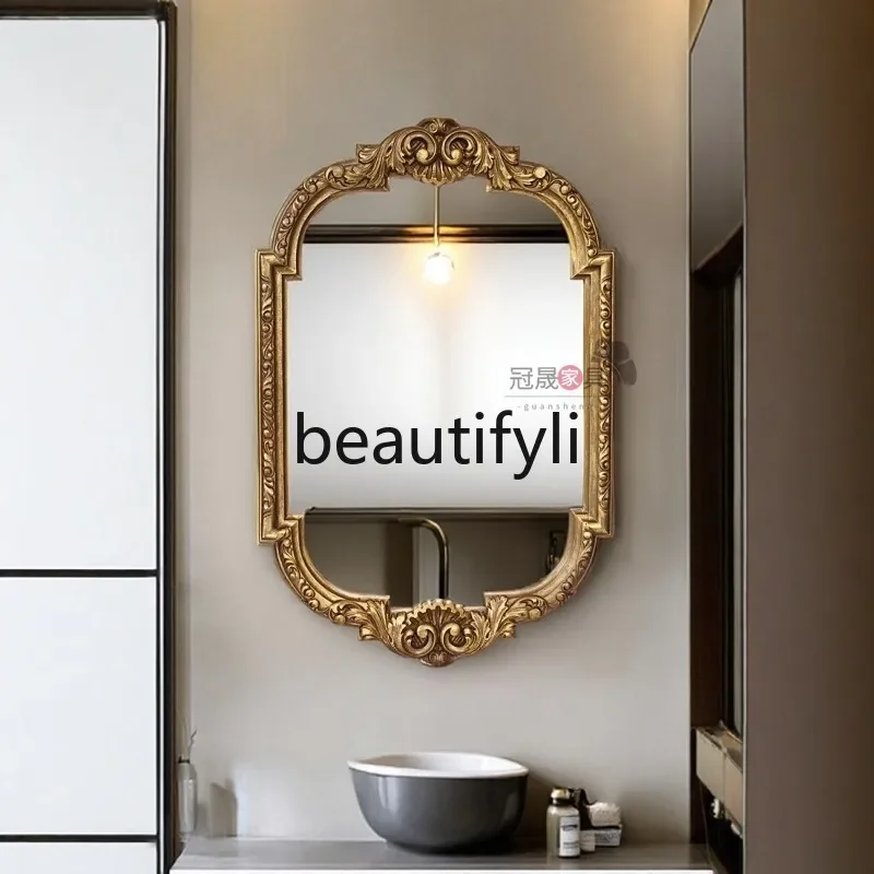 

French retro bathroom mirror wall hanging carved makeup mirror living room special-shaped entrance decorative mirror B03