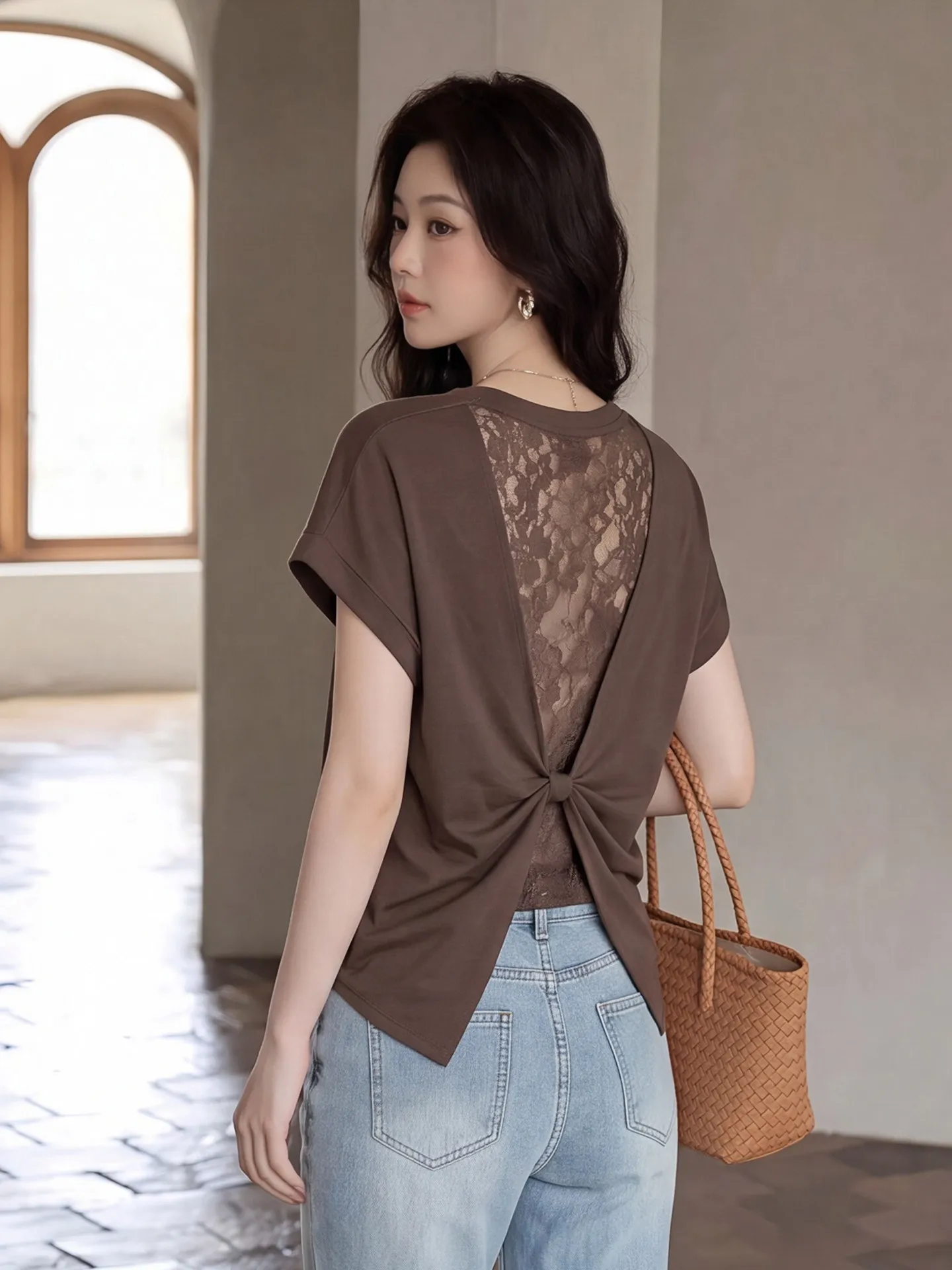 Korean Style Short Sleeve T-Shirt Women's Summer Lace Splice Beautiful Back Knot Casual Breathable Polyester Fiber Top