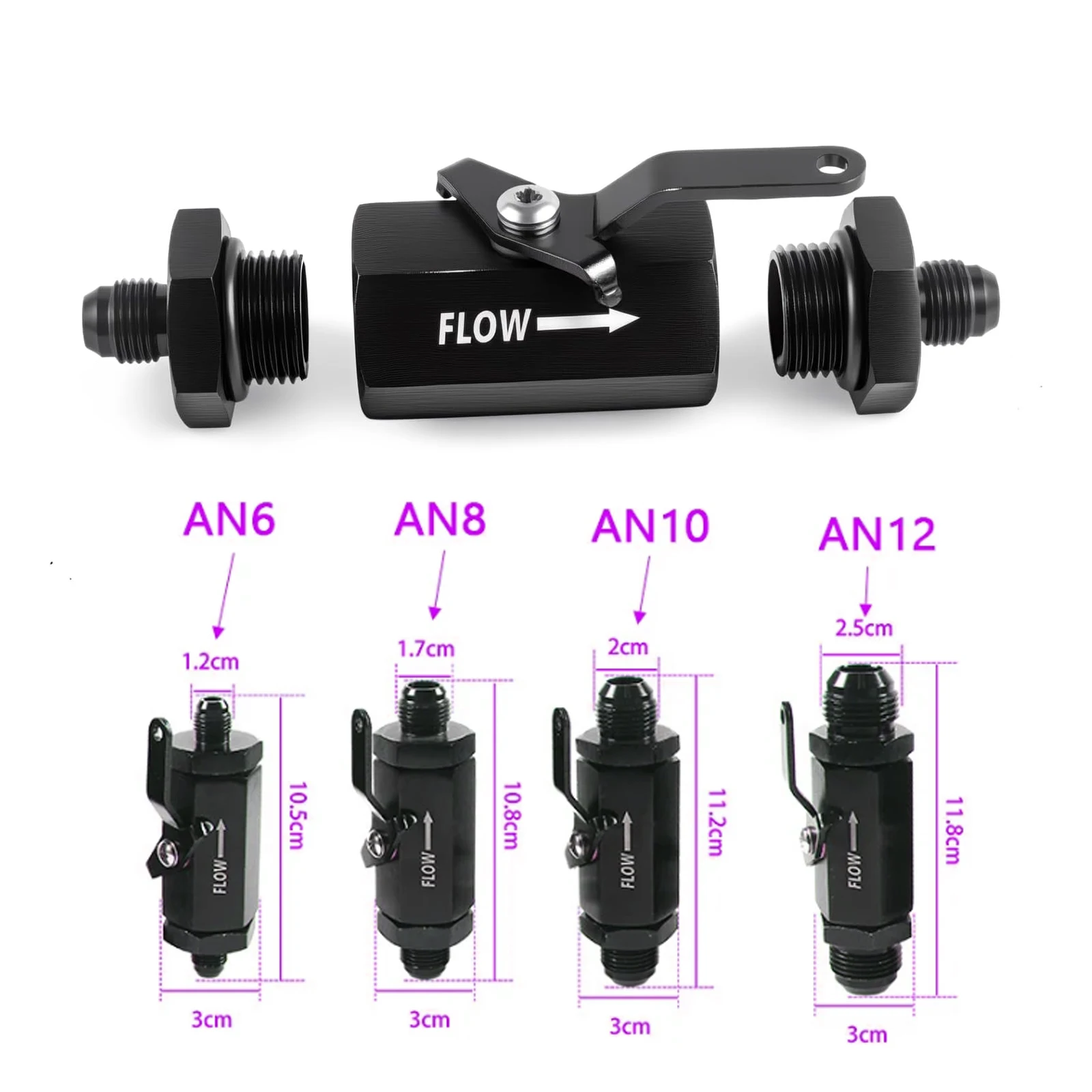 AN6 AN8 AN10 AN12 AN16 Maled Inline Fuel Shut Off Valves Flow Control Cut Off Cable Lever Aluminum Fitting Black