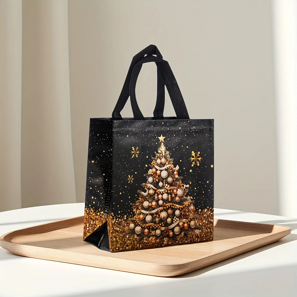 12/20 Stück festliche Weihnachtsgeschenktüten – Schneemann-, Baum- und Strumpfdesign, schwarz und golden mit Griffen, Weihnachtsgeschenktüten – Detail 4