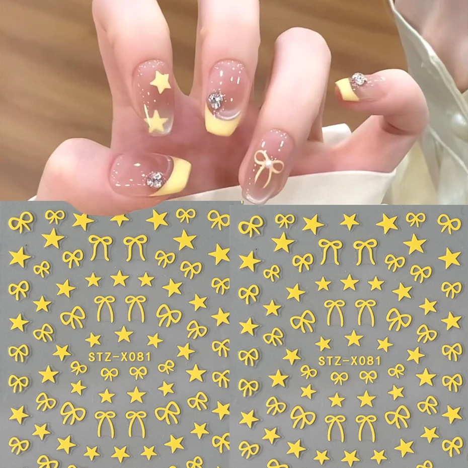2pcs Y2K Yellow Five Pointed Star Nail Art Stickers Simple Bow Star Self-Adhesive Nail Decals Manicure Decorations