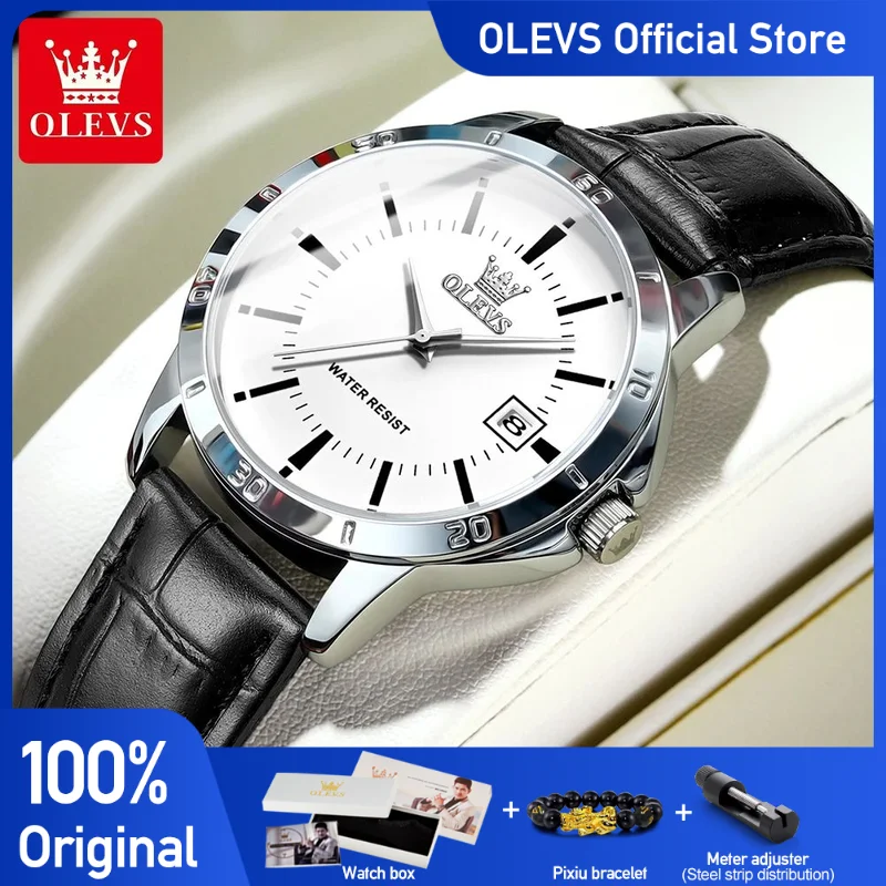 OLEVS Men\'s Watches Top Brand Original Quartz Watch for Man Waterproof Leather Strap Calendar Simple Fashion Daily Wear