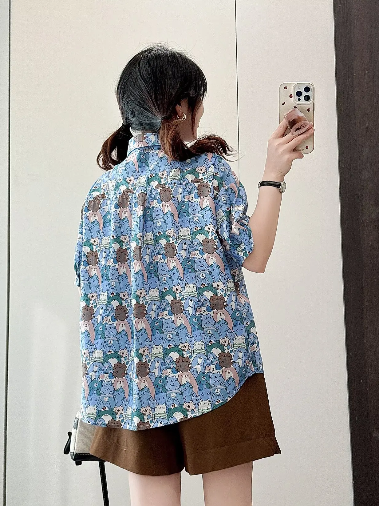 ใหม่2025ฤดูร้อนผ้าฝ้ายแขนสั้นเสื้อผู้หญิงTurn-Down Collarพิมพ์การ์ตูน, Moriสาวอเนกประสงค์หวานหลวมเสื้อt55575CC