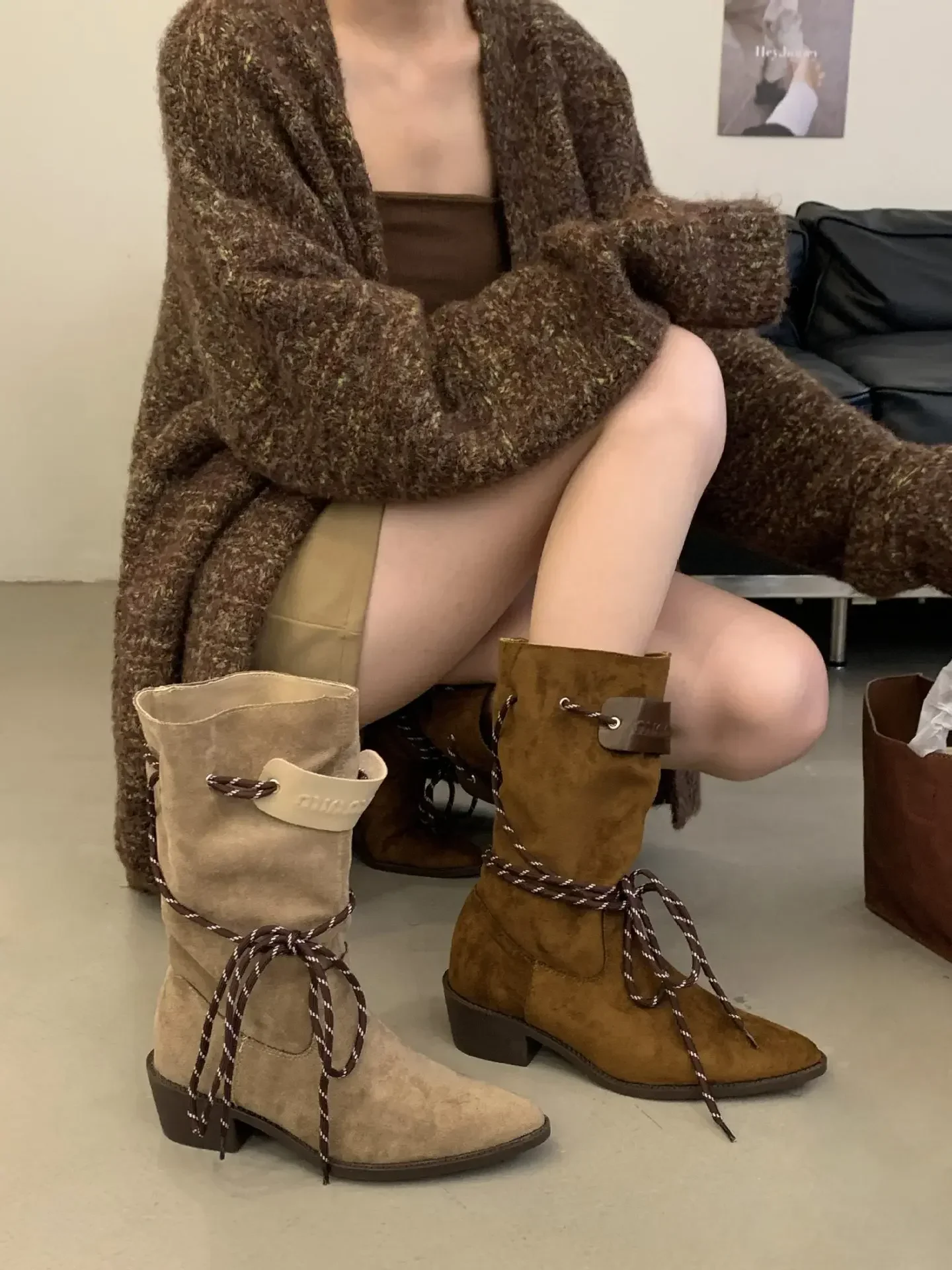 White women's retro fringed pointed head thick heel medium tube western cowboy short boots summer huge good-looking boots