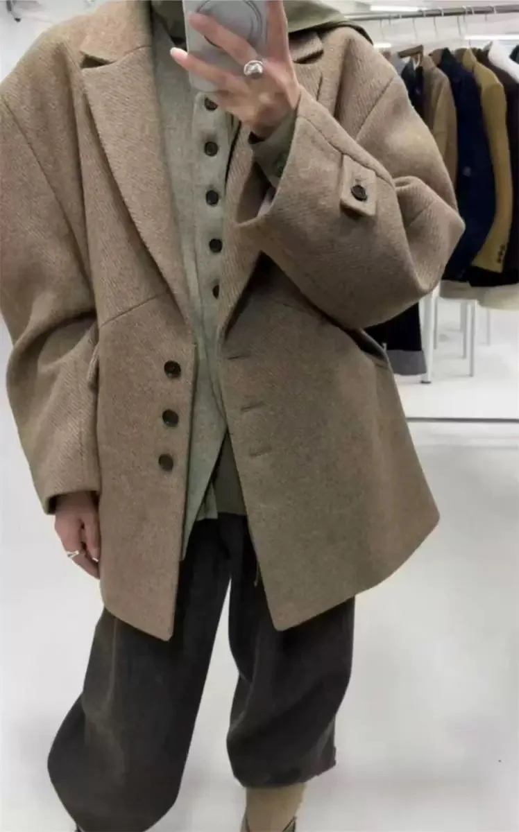 

PREON Autumn Winter New Sle Versatile Commute Woolen Suit Jaet Ladies Loose Fit Long Sve Button Closure Pure Color