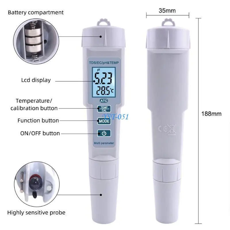 E15A PH-meter Digitale TDS-waterkwaliteit EC-temperatuurtest 4 in 1 voor aquariumzwembad