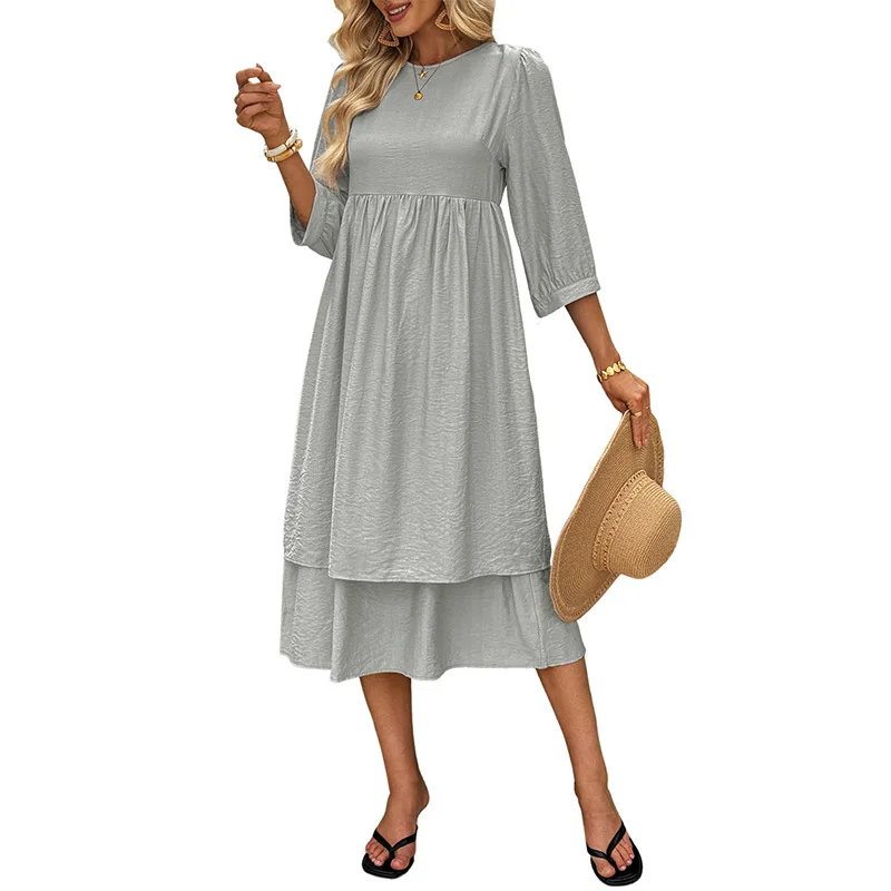 Férias lazer simples vento em torno do pescoço em camadas manga de cinco pontos solto vestido de cor sólida