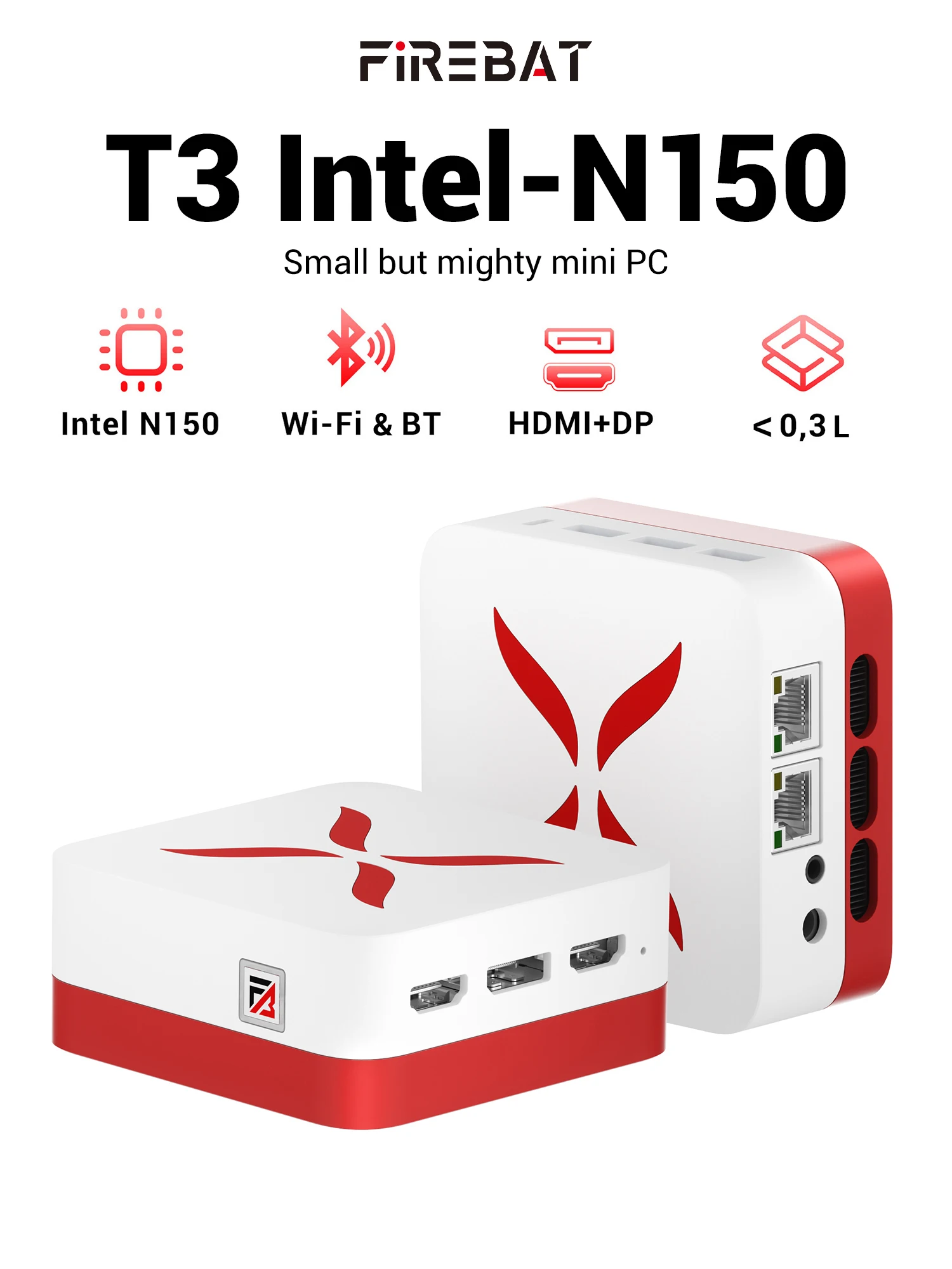 Firebat T3 Mini PC Intel Alder Lake N150 Windows 11 Pro Mini PC 12GB DDR4 512GB PCIe M.2 SSD WiFi 5 BT4.2 ordinateur de bureau