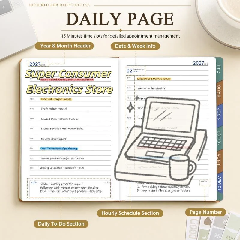 2027 English Schedule Planner A5 Efficiency Agenda Notebook Premium Thick Paper for Work Office Student Time Management