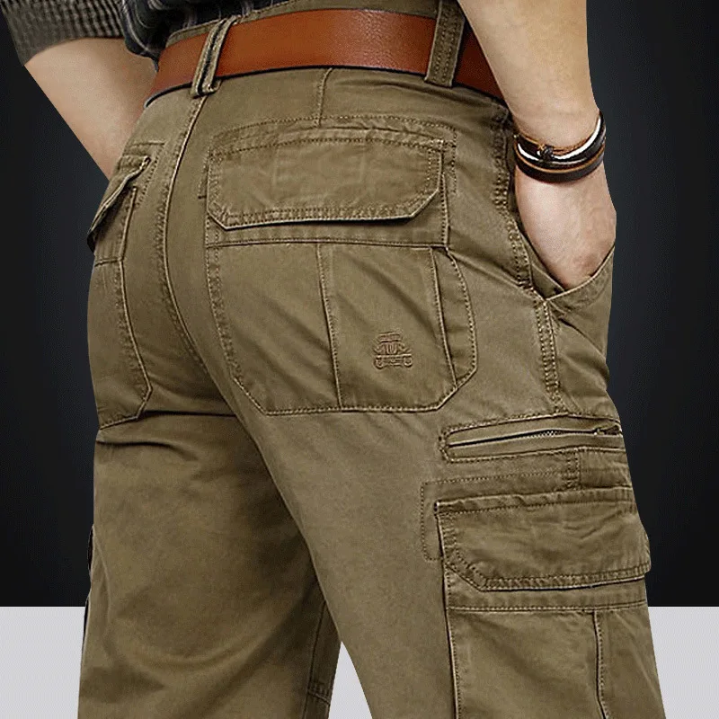 Calças cargo masculinas de algodão puro com vários bolsos, calças casuais sólidas de grandes dimensões, roupas masculinas de alta qualidade 30-48