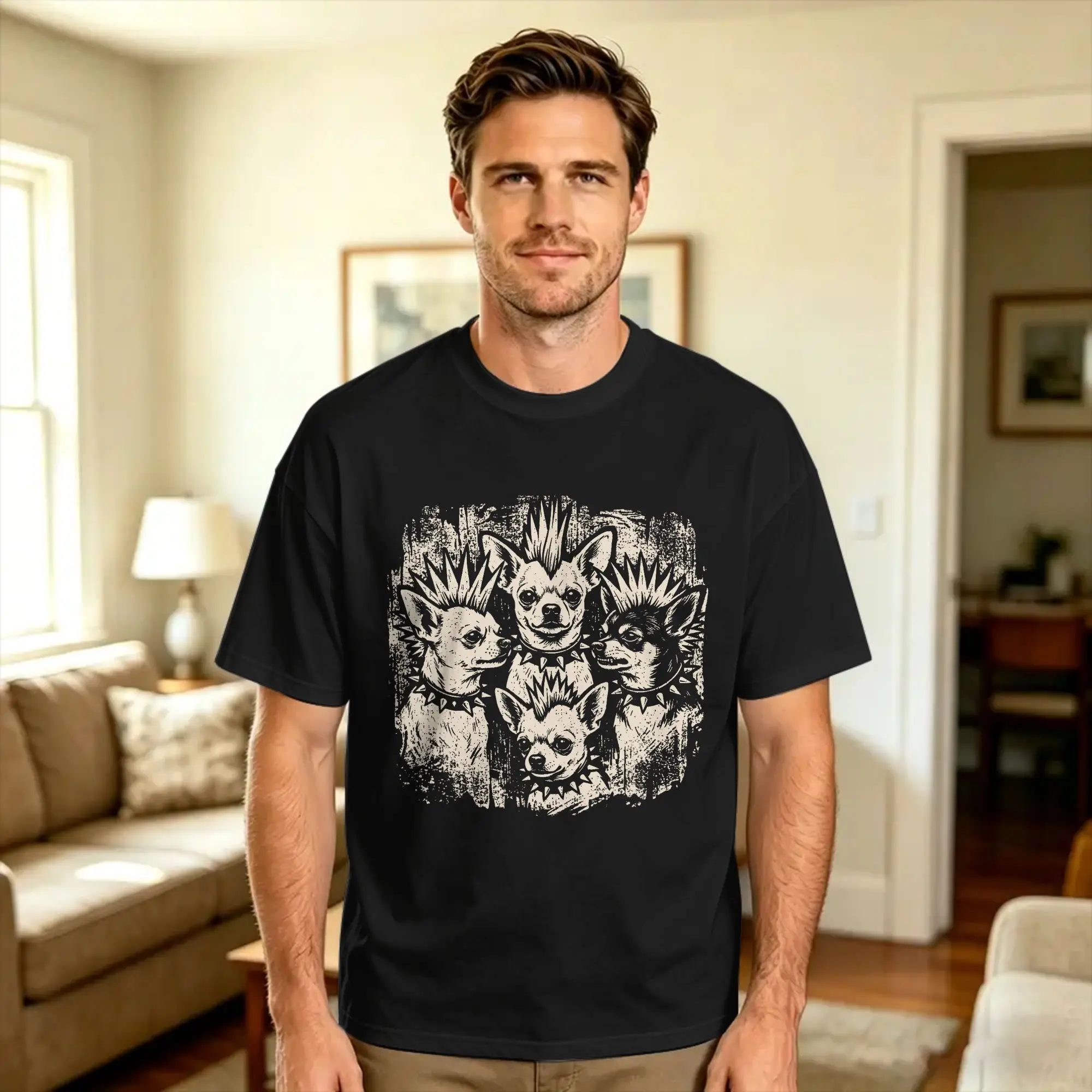 Vintage Punk Chihuahua Mohawk Spiked Collar Rock Dog Lover Cotton T Shirt For Men's Summer  Y2K Casual T Shirts Hipster Tees
