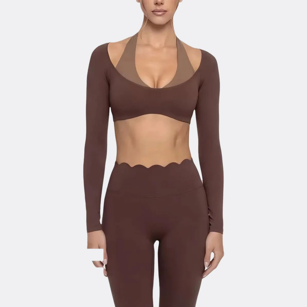 Women's Fake Two-Piece Sports Long Sleeve Halter Neck Pilates Yoga Shirt Slim Fit Fitness Sports Top Leggings Workout Tights