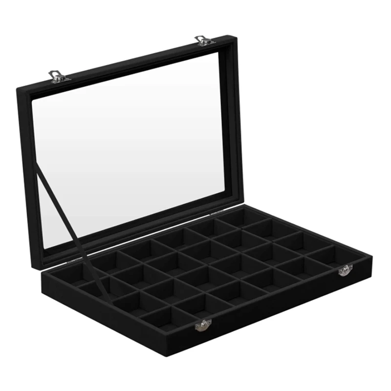 

Jewelry Box Display Case With A Clear Glass Window And 24 Compartments, Black