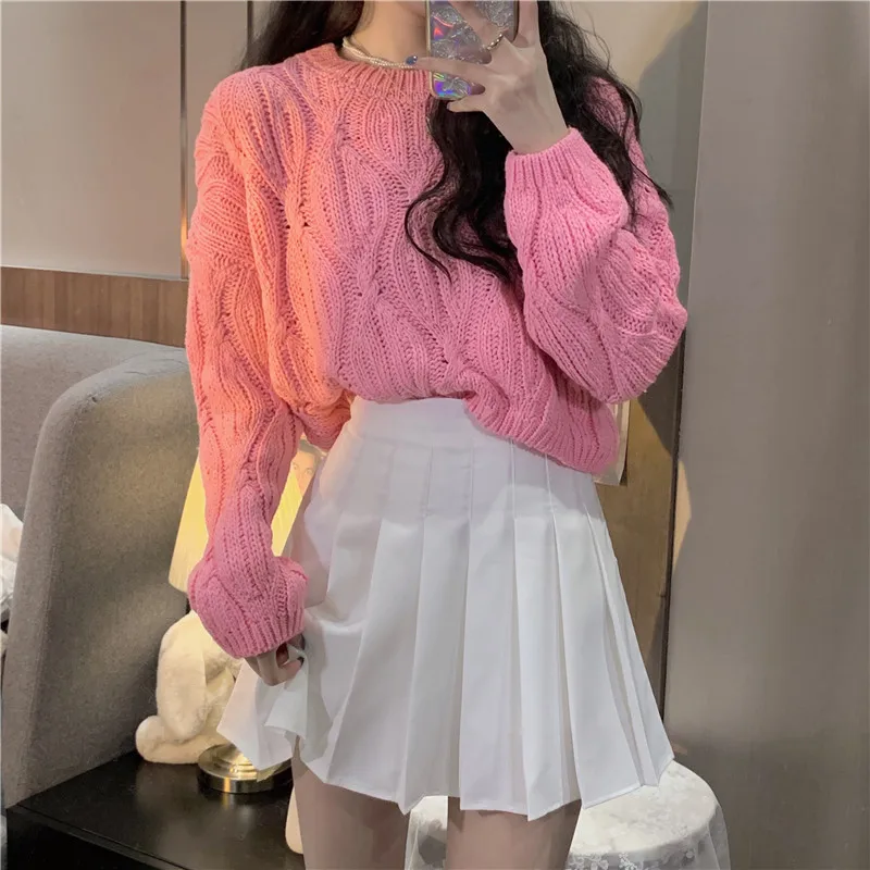 Women Pullover Soft Cable Knit Crop Sweater Long Sleeve Crew Neck Box-fit Plain Jumper Teen-girl Fall Winter Basic Outfit