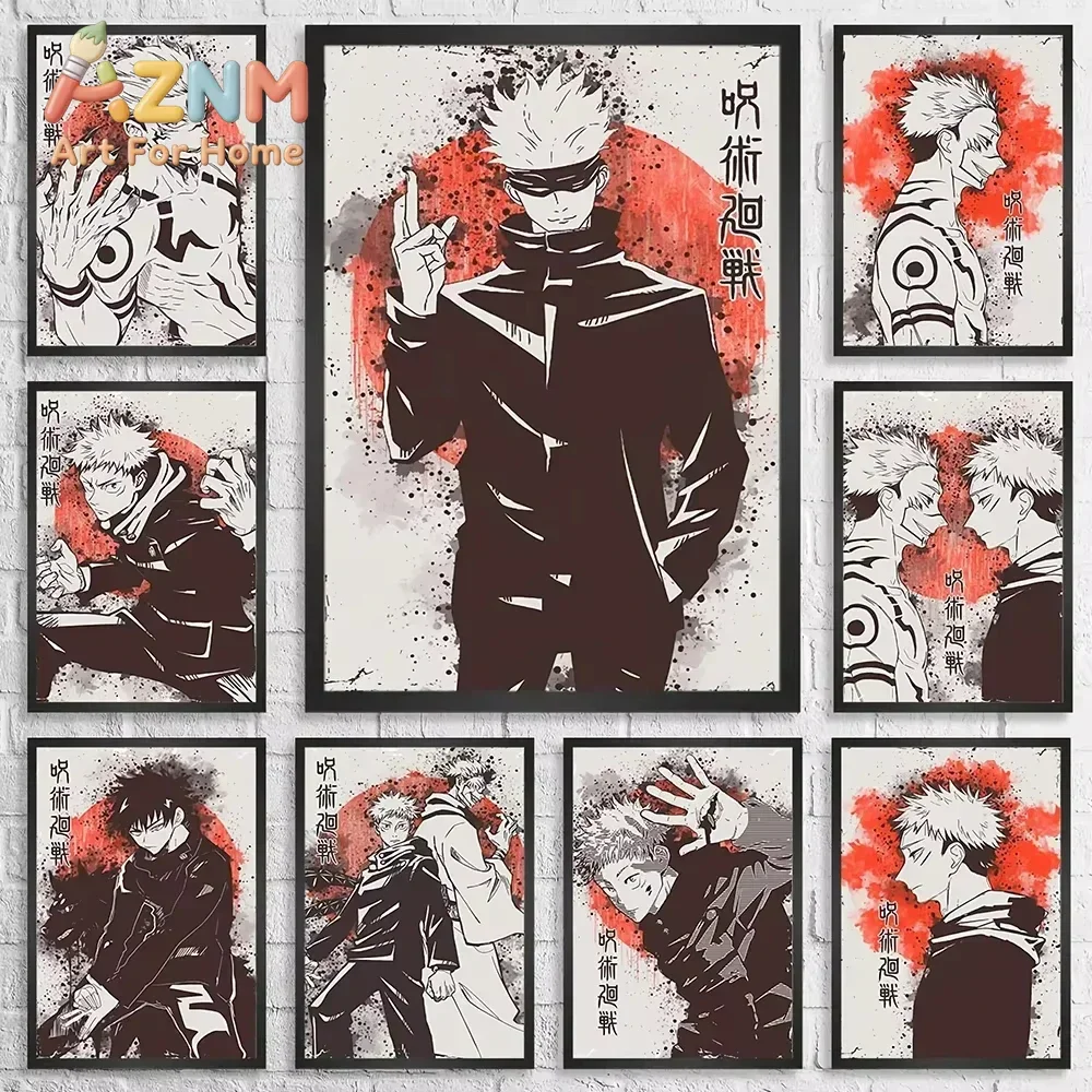 AZNM Jujutsu Kaisen Japanese Ink Splash Style Canvas Wall Art Frameless Anime Print Poster for Home Bedroom Living Room Wall Dec