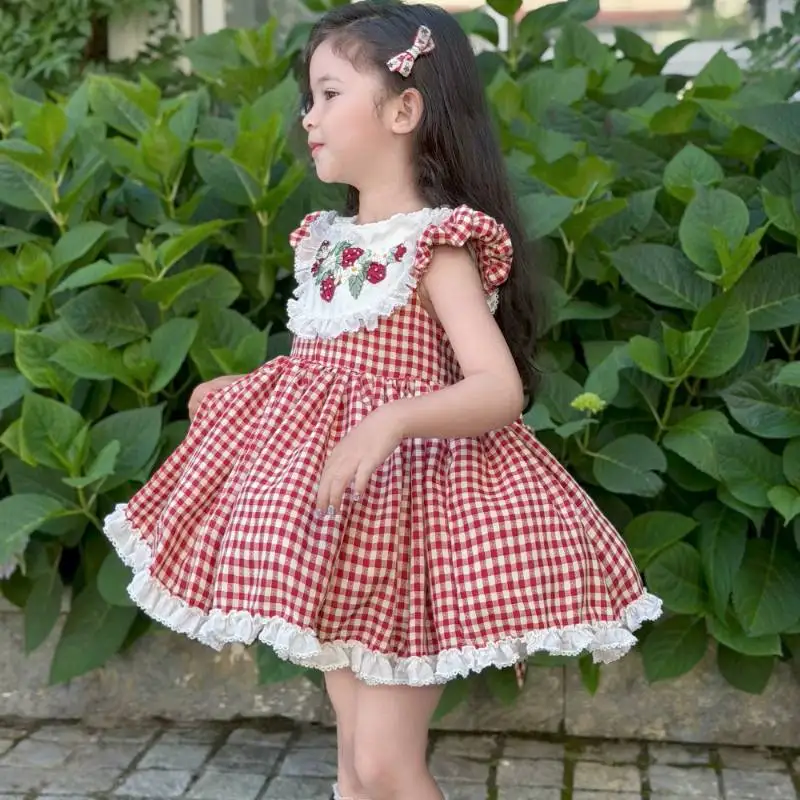 Summer Toddler Baby Girl Red Plaid Dress Strawberry Embroidery Lace Princess Tutu Dress Kids Birthday Picnic Party Outfit