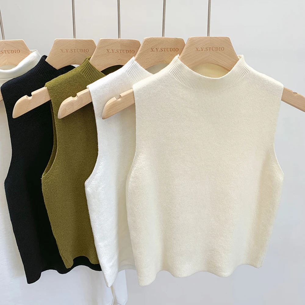 2024 New Women Girls Sweater Camisole Knitted Cropped Solid Warm Tees Tops Tank Vest T-Shirt Women Half-turtleneck O-Neck