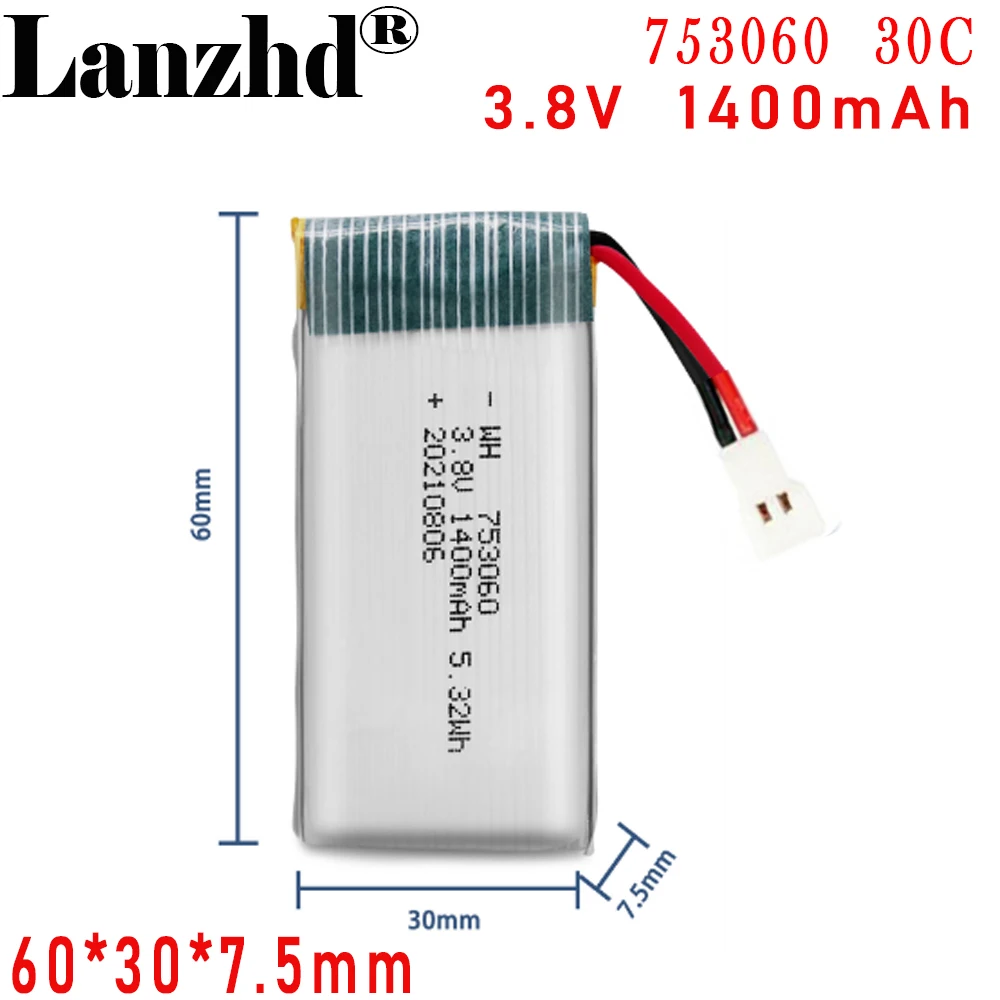 

new 3.8V Li Plum polymer battery 30C 753060 1400mAh For UAV quadcopter Polymer high rate lithium battery 7.5*30*60mm