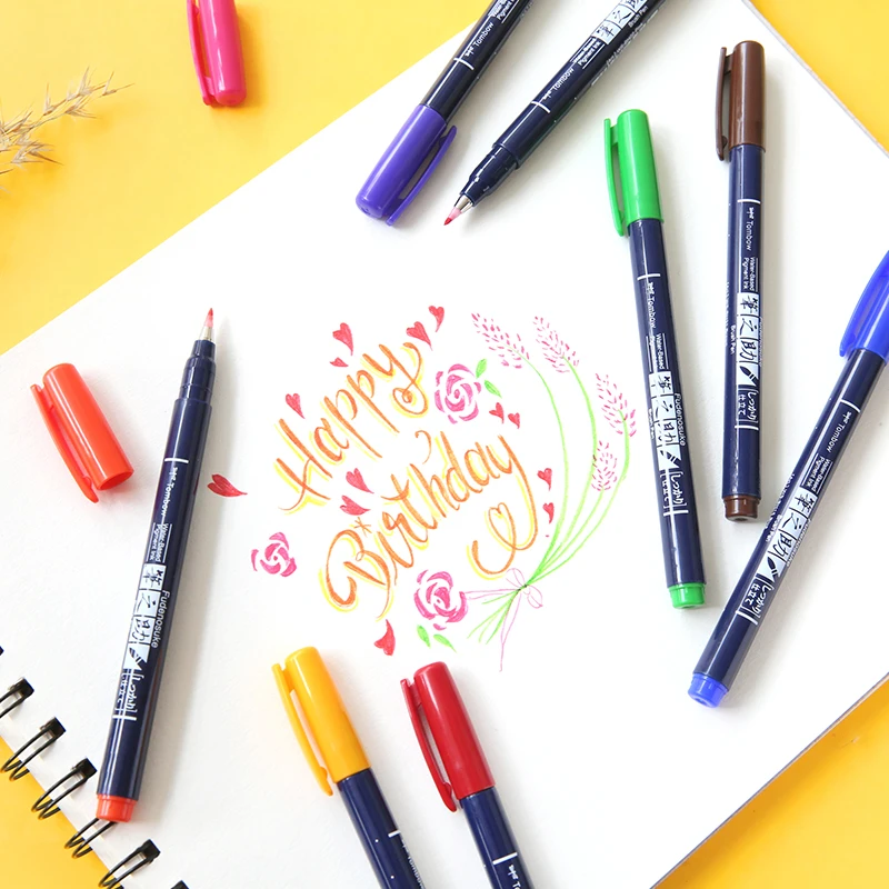 New 1pc Tombow Fudenosuke Color Signature Pen Brush Scriptliner Water-Based Pigment Ink Calligraphy Lettering Marker Pens Japan