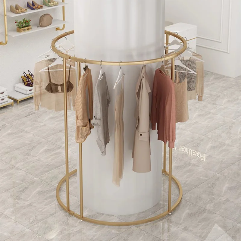 custom，semi-circle island gold wrought iron rack display floor hanging clothes rack women's shop display rack