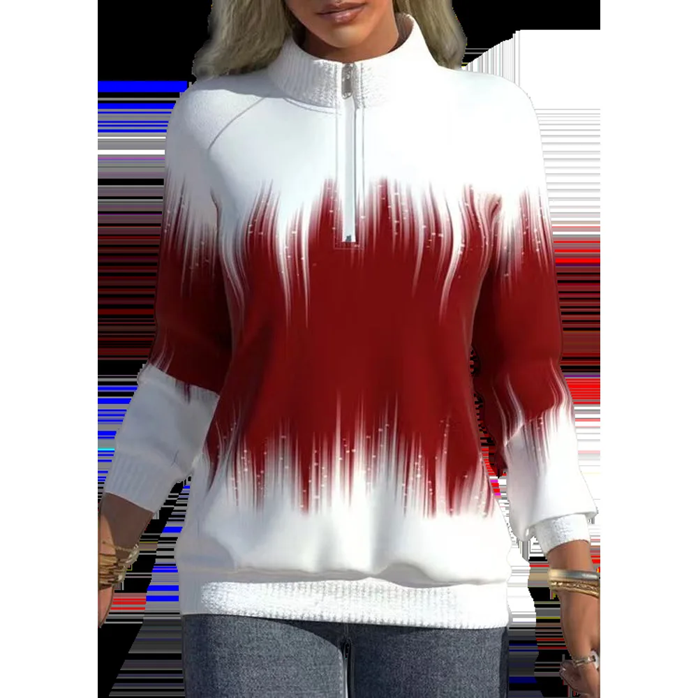 Zip Sweatshirt Winter Gradient Printing Tops Fashion PocketLong Sleeve Pullover  Casual Half Turtleneck Hoodie Women Clothes