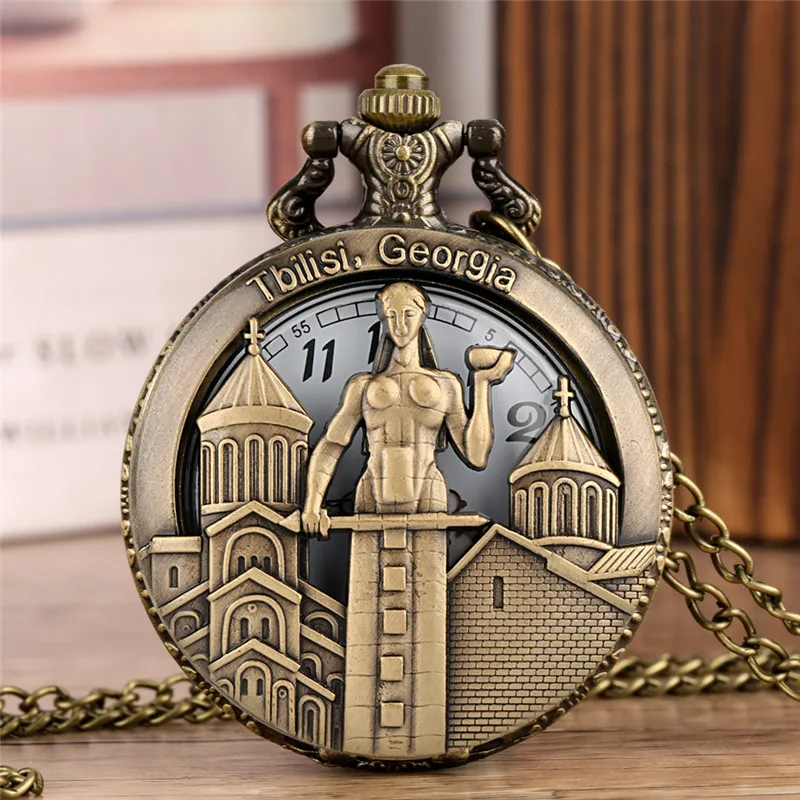 Vintage Hollow Out TBILISI GEORGIA Design Men Women Quartz Analog Pocket Watch Arabic Number Necklace Pendant Chain Timepiece