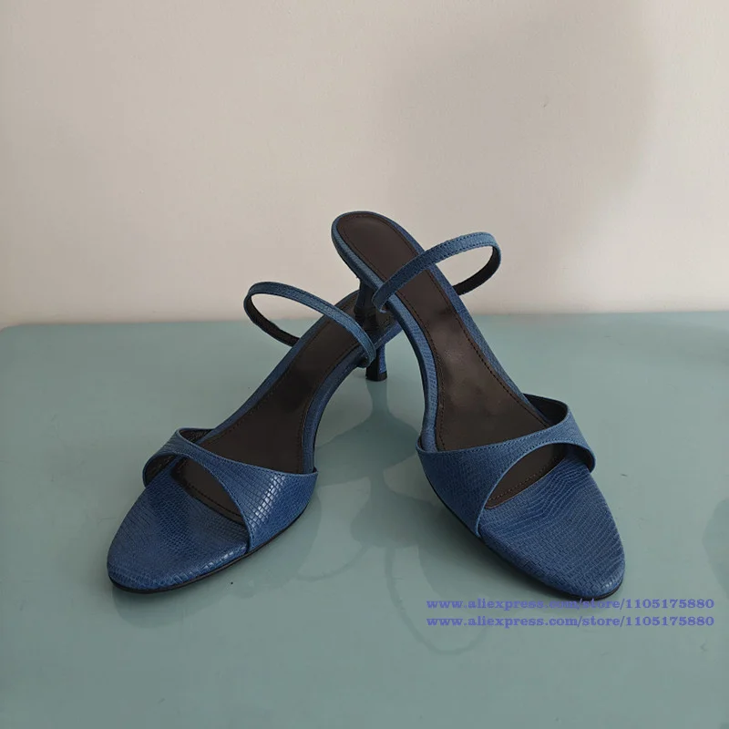 Sandales mules à talon chaton en cuir gaufré bleu vif à fines brides et bout ouvert, chaussures de soirée, Sandalias De Mujer Verano