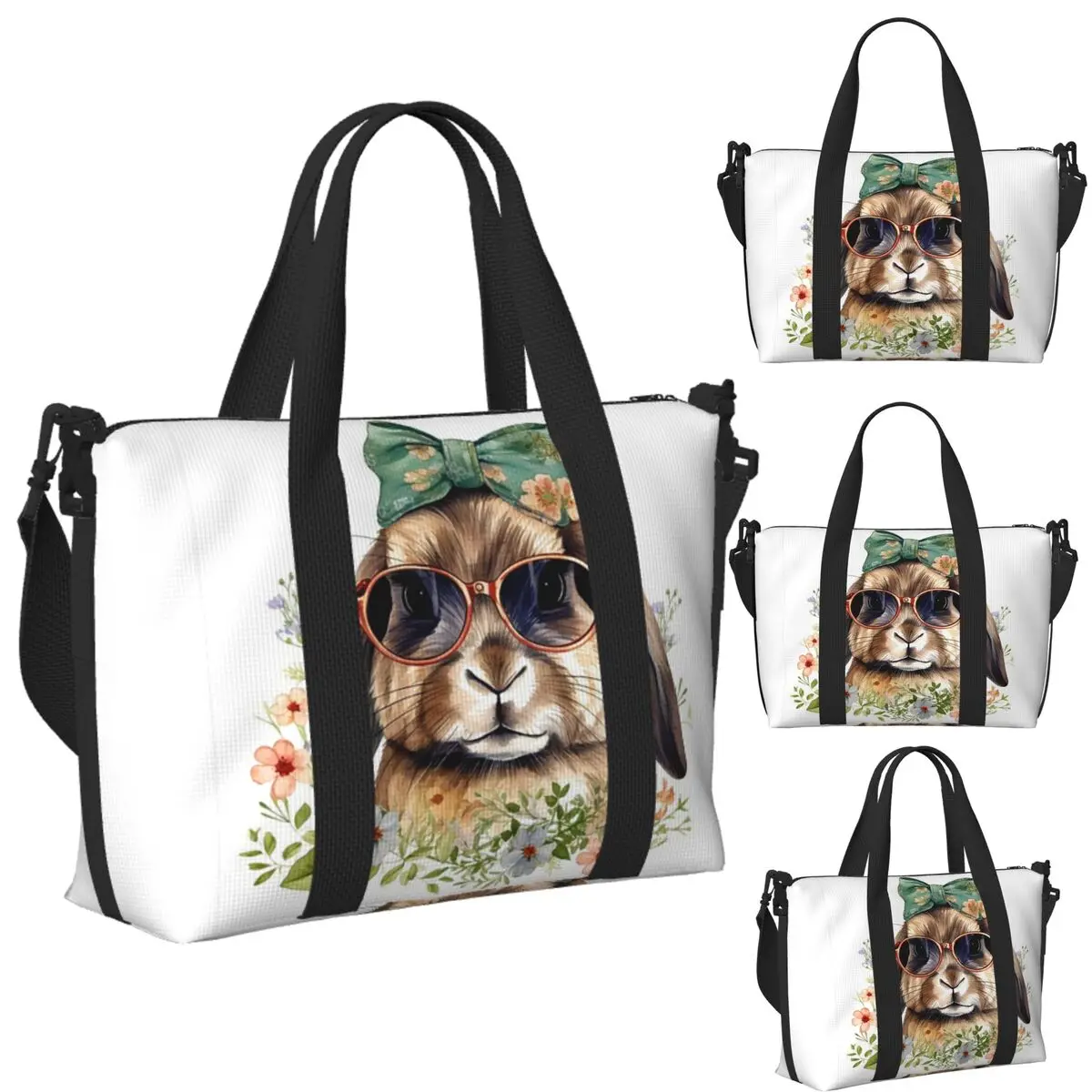

Easter Rabbit With Sunglasses Funny Design Beach Travel Bag Large Capacity Tote Bags for Gym Women Shopping Duffle Shoulder Bag