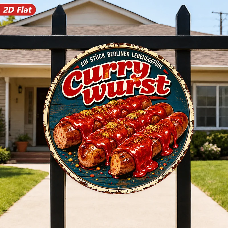 2D Metal Sign Round Wall Art Vintage Curry Sausage Decor Kitchen Bar Home Wall Hanging Indoor Outdoor Weatherproof 1PC