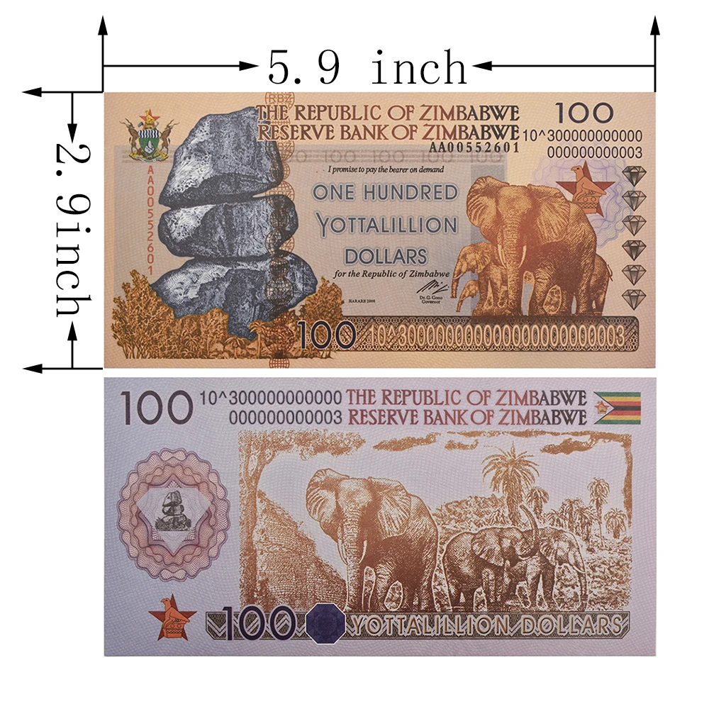 Zimbabwe One Hundred Yottalillion Dollars Elephant Banknote with UV Anti-counterfeit Serial Number Paper Money Collection Gift