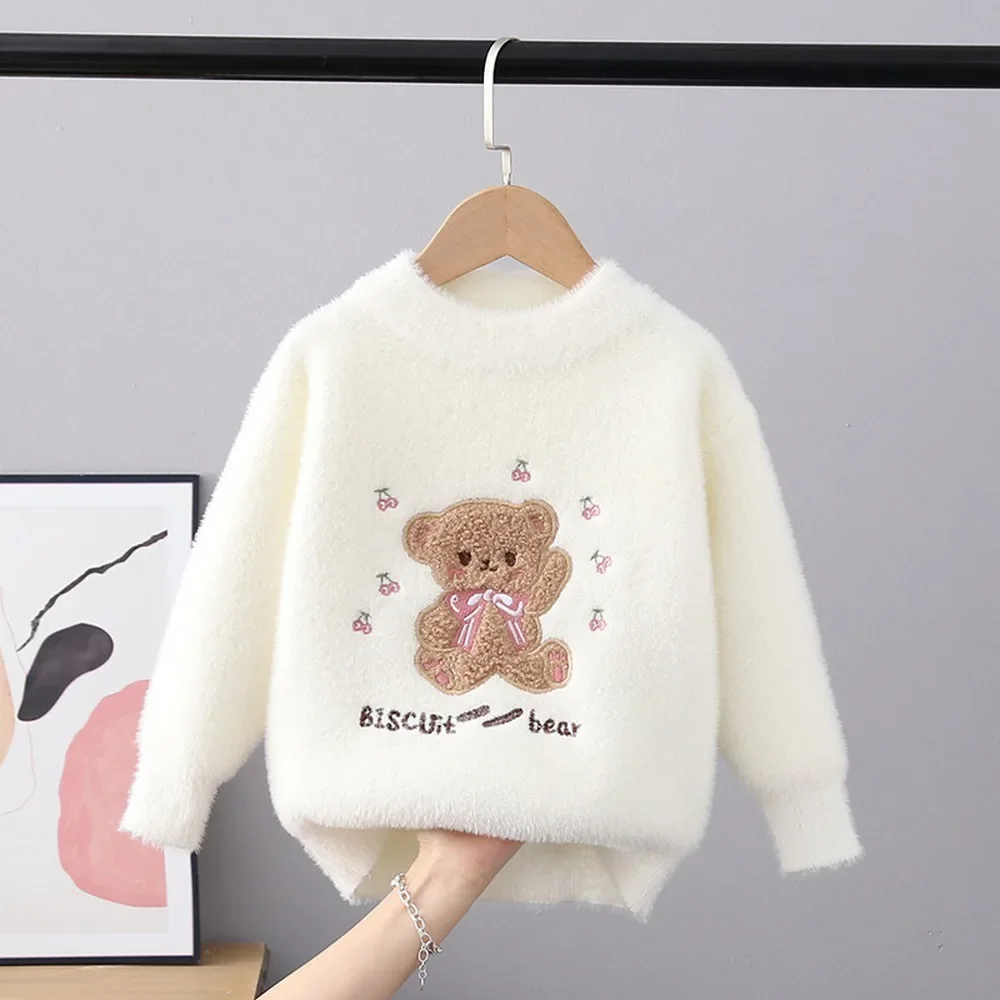 

3-10T Kids Girls Cartoon Autumn Knitted Sweaters Toddler O-Neck Fashion Bear Outerwear Long Sleeve Knitwear Children Clothing