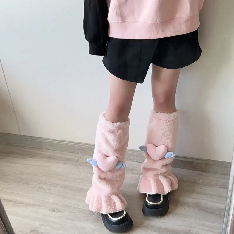 

Kawaii Pink Love Heart Fur Leg Warmers Winter Y2K Sweet Leg Covers Rabbit Bow Plush Fur Warm Harajuku Boot Cuffs JK Lolita Sock
