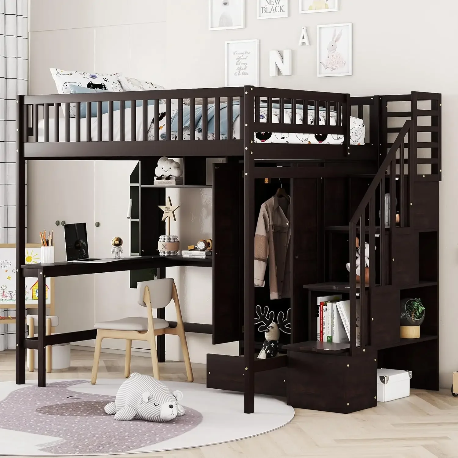 

Children Beds Full Size Loft Beds Stairway Loft Bed Frame with Wardrobe Desk Bookcase and Drawers Espresso 94.4"L x 57"W x 72"H