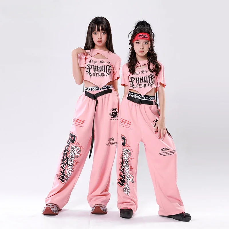 Mädchen Jazz Dance Kostüm Rosa Crop Tops Hosen Kleidung Gruppe Hip Hop Streetwear Bühne Leistung Outfits Kpop Modern Dance Wear